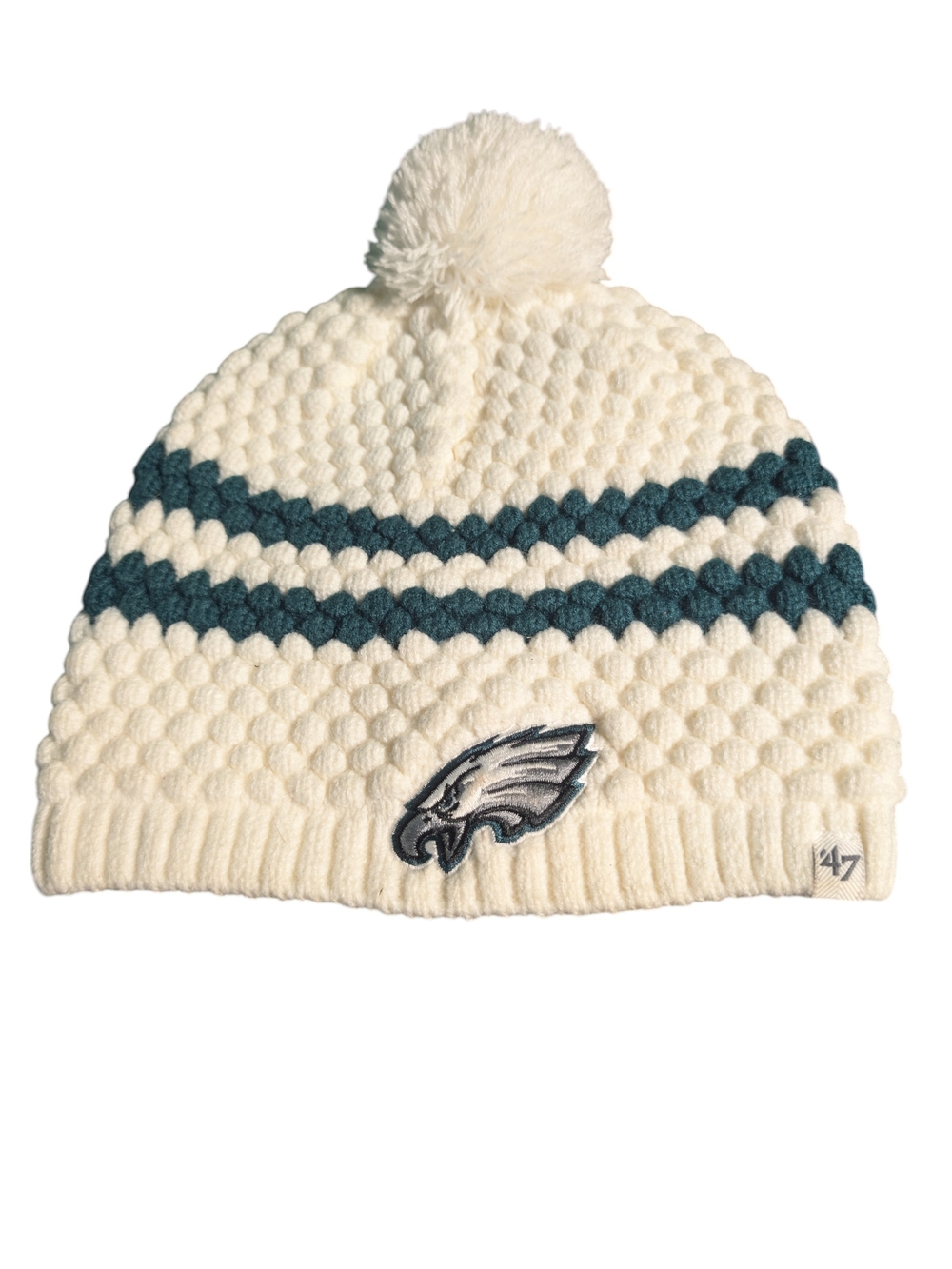 Cream Pom Knit Beanie with Teal Stripes and Team Logo
